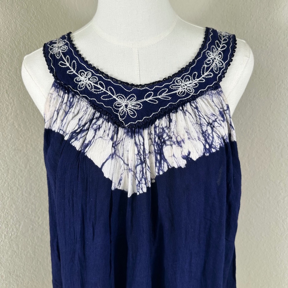 Advance Apparels Top Women OS Blue Boho Tie Dye Embroidered Sleeveless Tunic